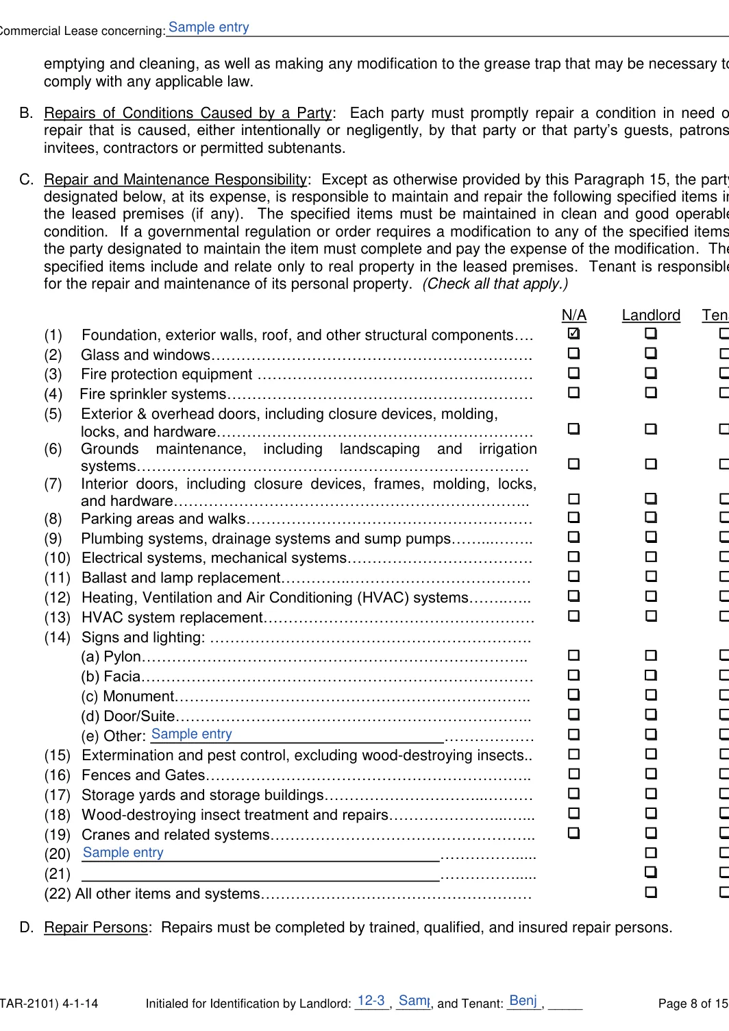 Texas commercial lease agreement form, step 8: Repair and maintenance responsibility, filled with sample entries
