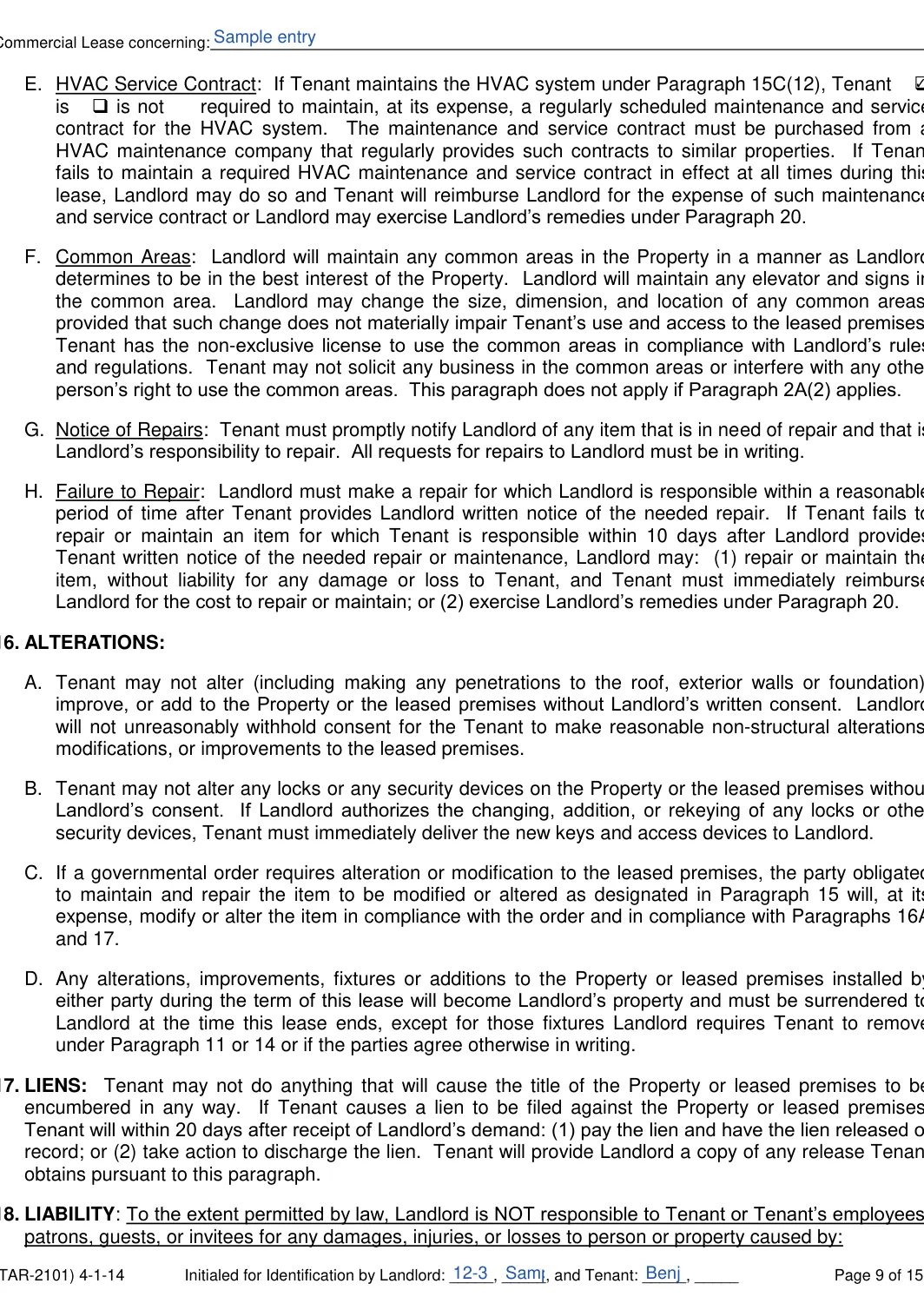 Texas commercial lease agreement form, step 9: HVAC service contract, filled with sample entries