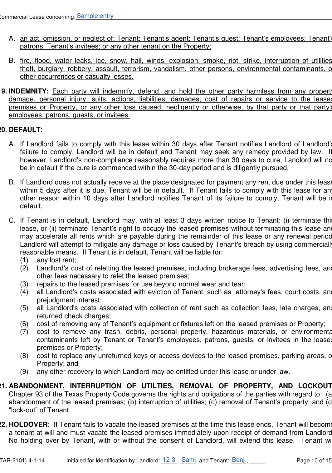 Texas commercial lease agreement form, step 10: Indemnity, default, abandonment and holdover, filled with sample entries