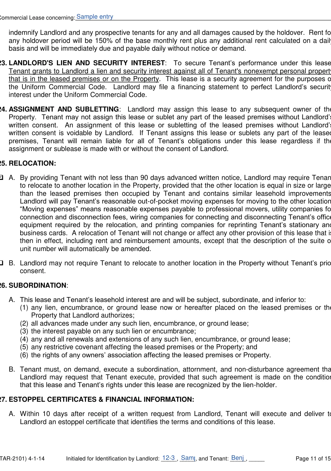 Texas commercial lease agreement form, step 11: Relocation, filled with sample entries