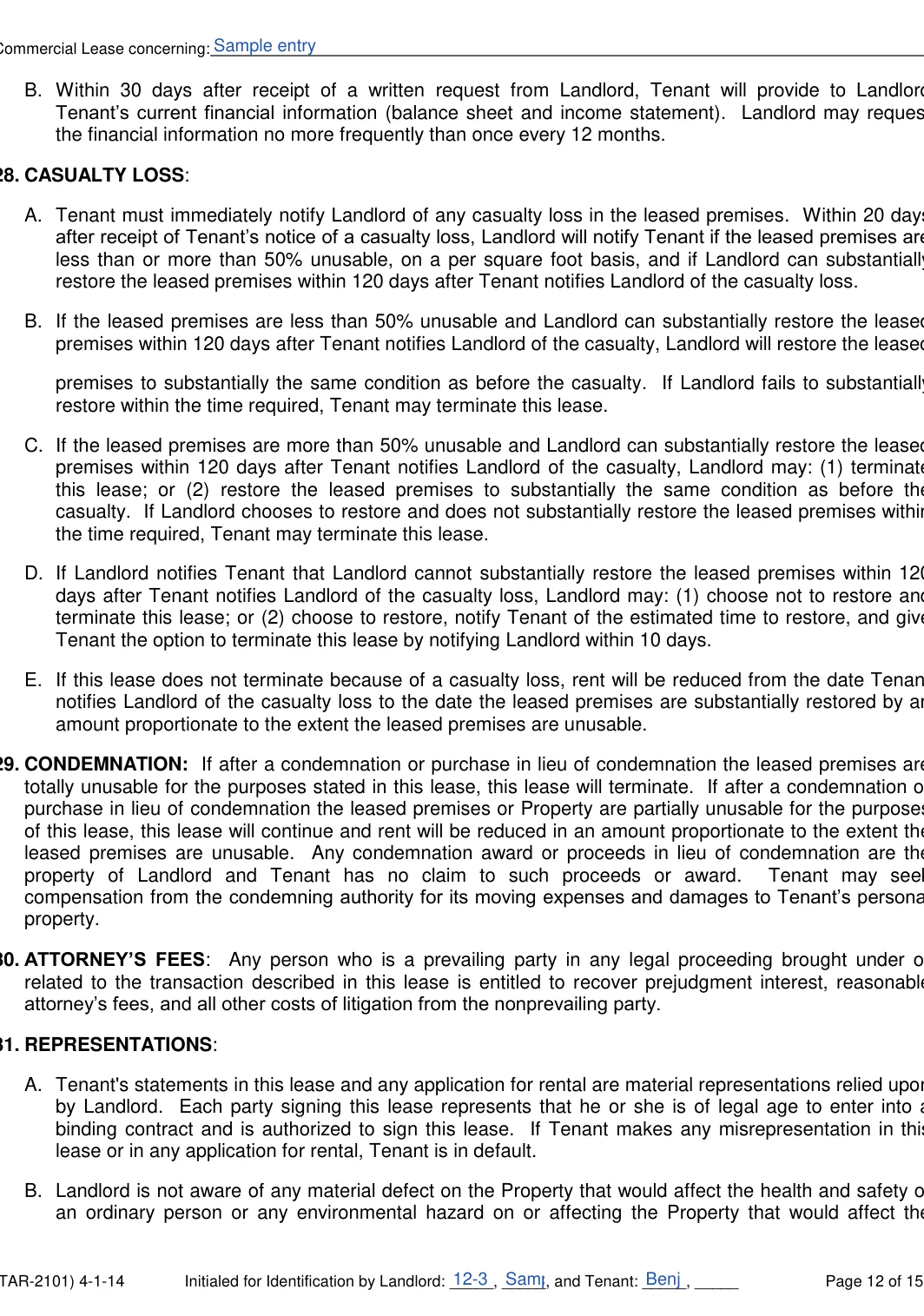 Texas commercial lease agreement form, step 12: Casualty, condemnation and representations, filled with sample entries