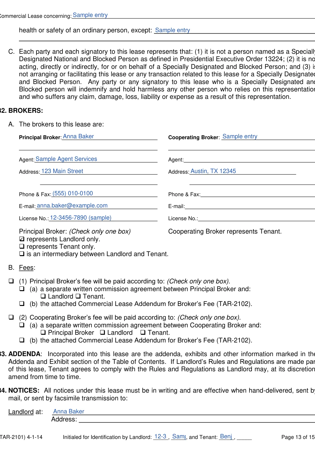 Texas commercial lease agreement form, step 13: Exception, brokers and Landlord notice address, filled with sample entries