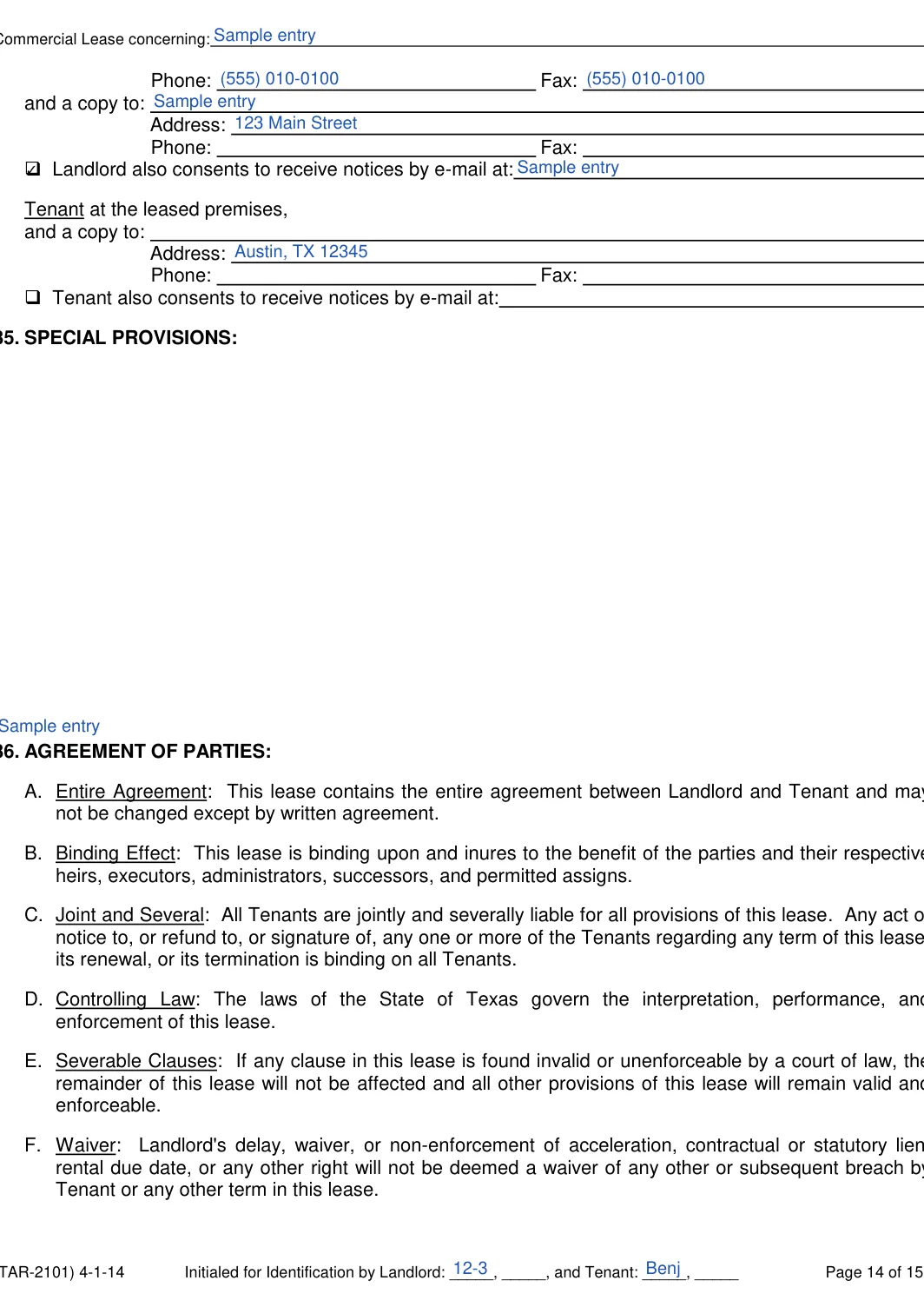 Texas commercial lease agreement form, step 14: Notices and special provisions, filled with sample entries