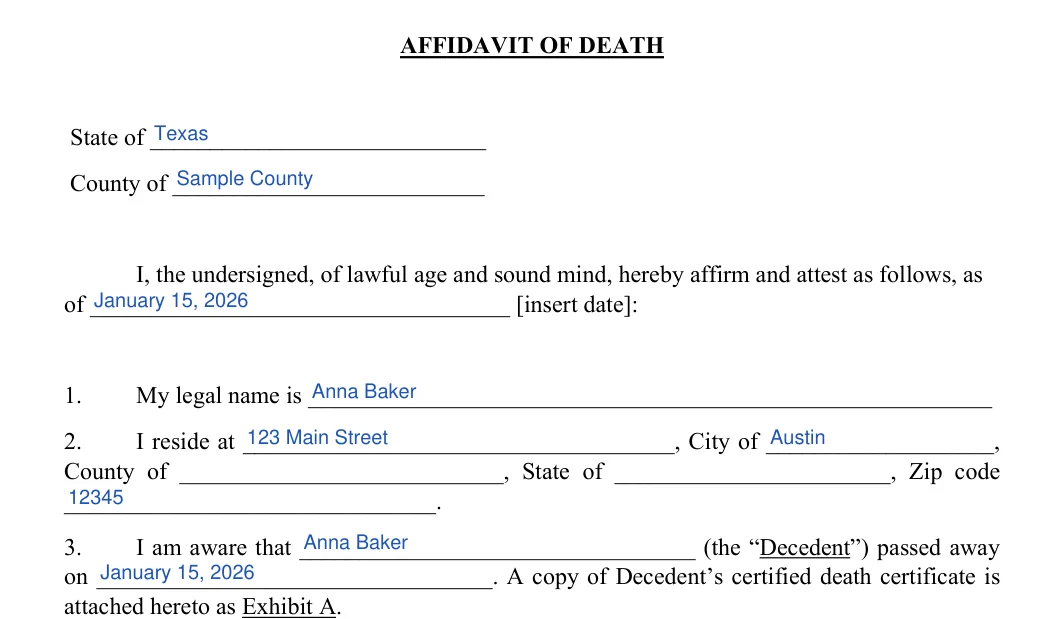 Affidavit of Death: AFFIDAVIT OF DEATH, filled with sample entries