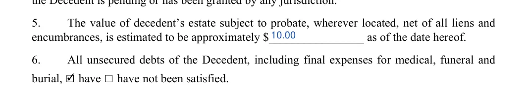 Affidavit of Death: Value sum, Have and more, filled with sample entries