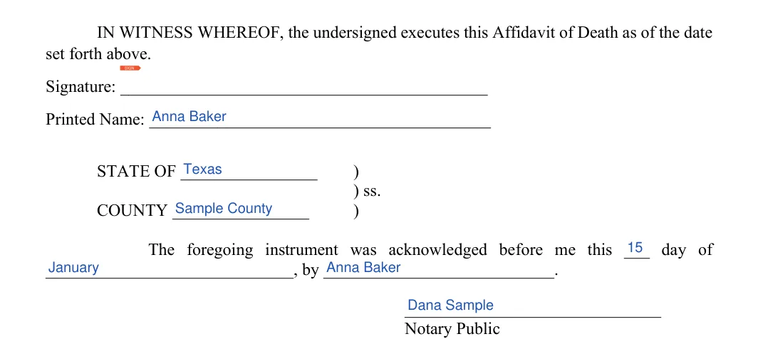 Affidavit of Death: Signature, Printed name and more, filled with sample entries