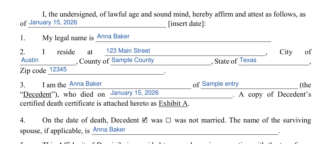 Affidavit of Domicile: As of (date), Legal name and more, filled with sample entries