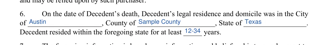 Affidavit of Domicile: City of, County of and more, filled with sample entries