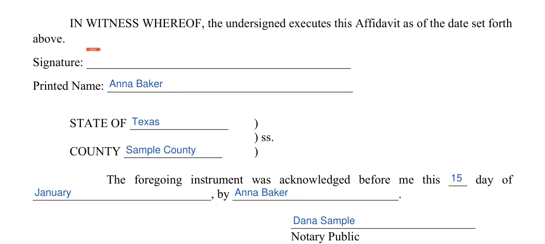 Affidavit of Domicile: Signature, Printed name and more, filled with sample entries