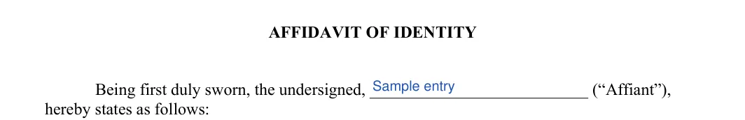 Affidavit of Identity: AFFIDAVIT OF IDENTITY, filled with sample entries