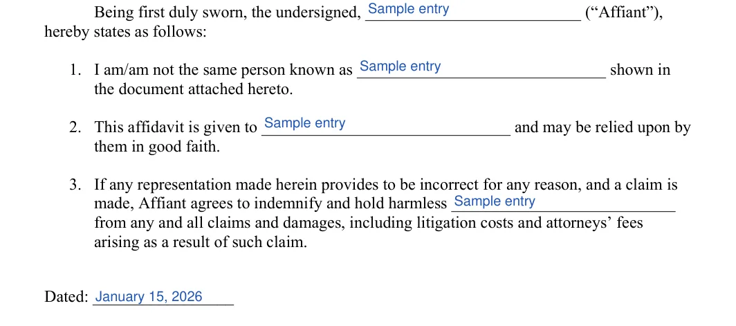 Affidavit of Identity: hereby states as follows, filled with sample entries