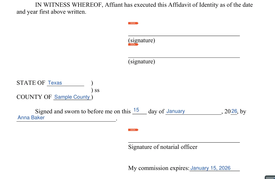 Affidavit of Identity: Signature, State of and more, filled with sample entries