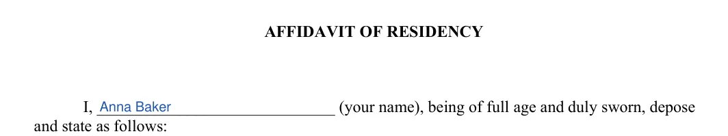 Affidavit of Residency: AFFIDAVIT OF RESIDENCY, filled with sample entries