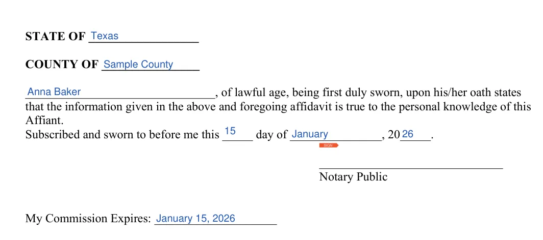 Affidavit of Residency: State of, County of and more, filled with sample entries