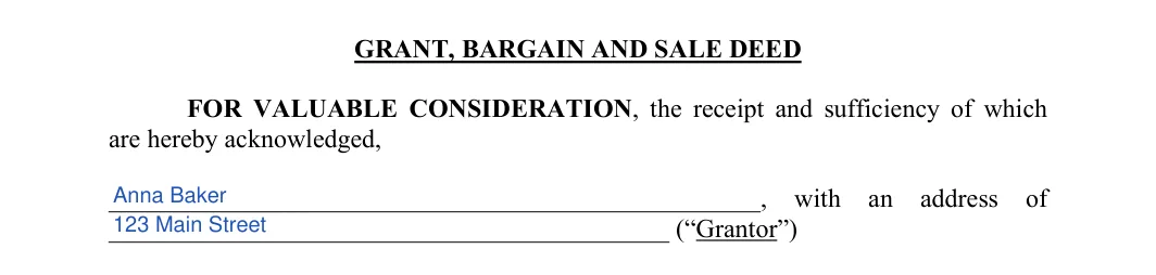 Bargain and Sale Deed: GRANT, BARGAIN AND SALE DEED, filled with sample entries