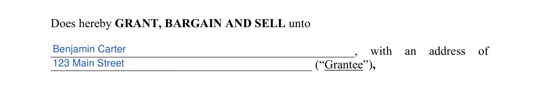 Bargain and Sale Deed: Grantee, Address, filled with sample entries