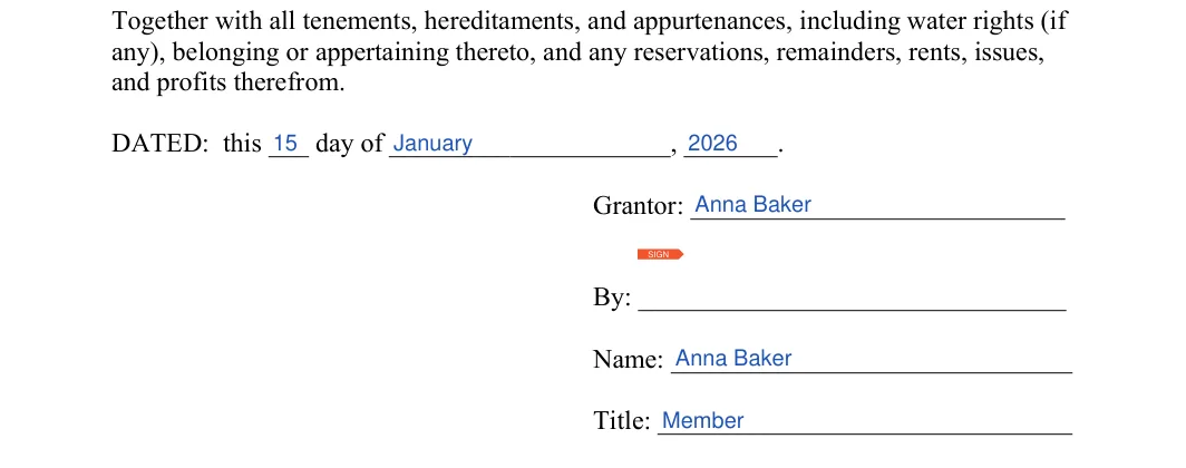 Bargain and Sale Deed: Day, Month and more, filled with sample entries
