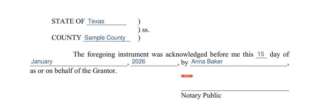 Bargain and Sale Deed: State of, County and more, filled with sample entries
