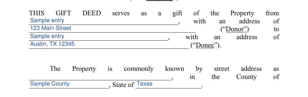 Gift Deed: DEED, filled with sample entries