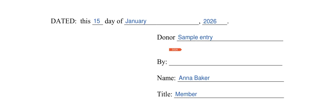 Gift Deed: Day, Month and more, filled with sample entries