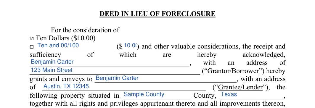 Deed in Lieu of Foreclosure: DEED IN LIEU OF FORECLOSURE, filled with sample entries