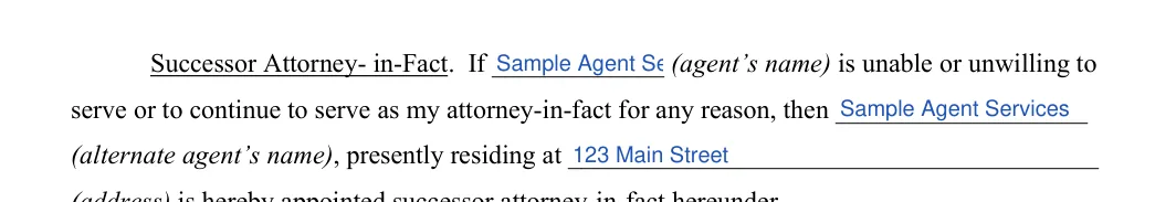 Arkansas Motor Vehicle Power of Attorney: Agent's name, Alternate agent's name and more, filled with sample entries