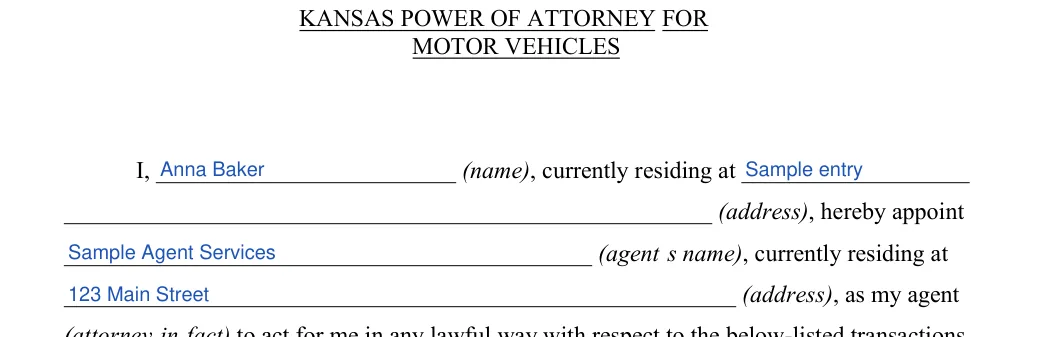 Kansas Motor Vehicle Power of Attorney: MOTOR VEHICLES, filled with sample entries