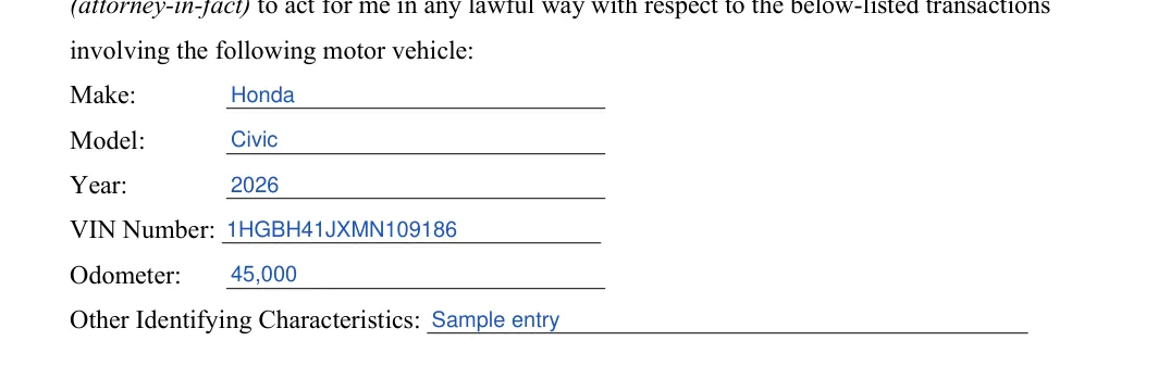Louisiana Motor Vehicle Power of Attorney: involving the following motor vehicle, filled with sample entries