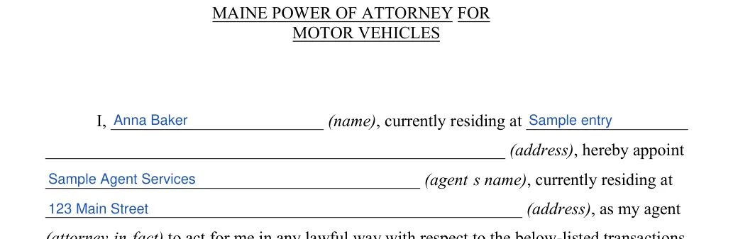 Maine Motor Vehicle Power of Attorney: MOTOR VEHICLES, filled with sample entries
