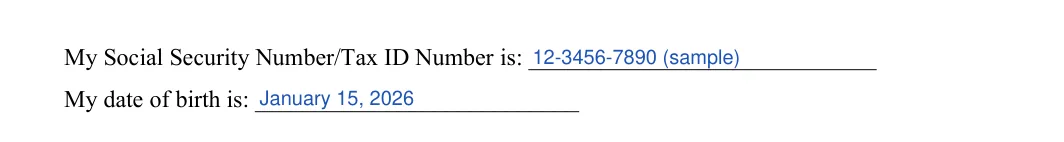 Minnesota Minnesota Motor Vehicle Power of Attorney: Social security number/tax id number, Date of birth, filled with sample entries