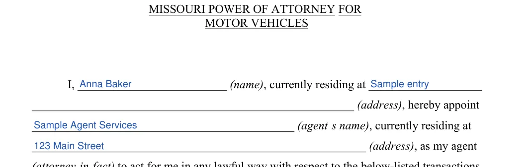 Missouri Missouri Motor Vehicle Power of Attorney: MOTOR VEHICLES, filled with sample entries
