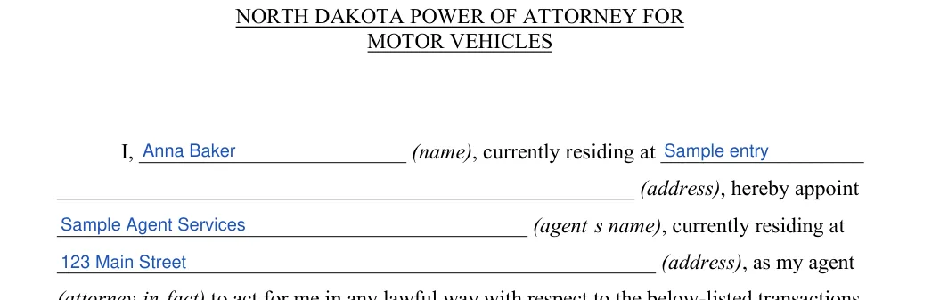 North Dakota North Dakota Motor Vehicle Power of Attorney: MOTOR VEHICLES, filled with sample entries