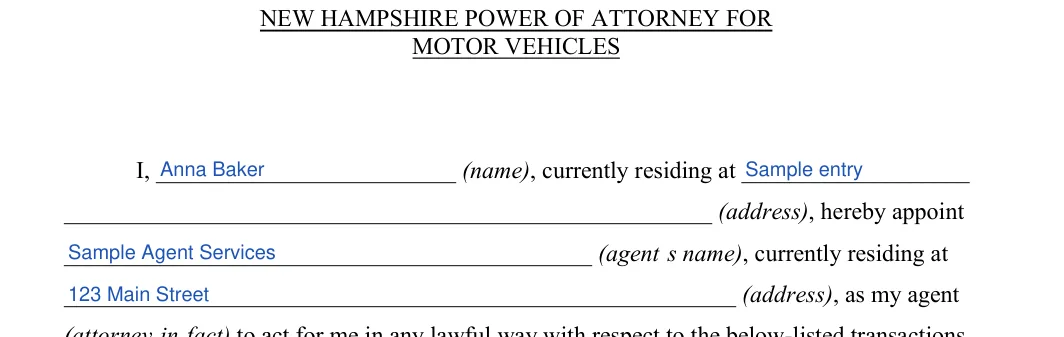 New Hampshire New Hampshire Motor Vehicle Power of Attorney: MOTOR VEHICLES, filled with sample entries