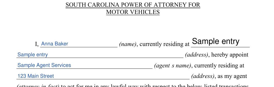 South Carolina South Carolina Motor Vehicle Power of Attorney: MOTOR VEHICLES, filled with sample entries