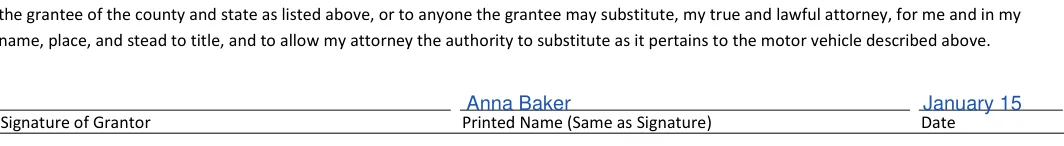 Texas Motor Vehicle Power of Attorney: Printed name, Date, filled with sample entries