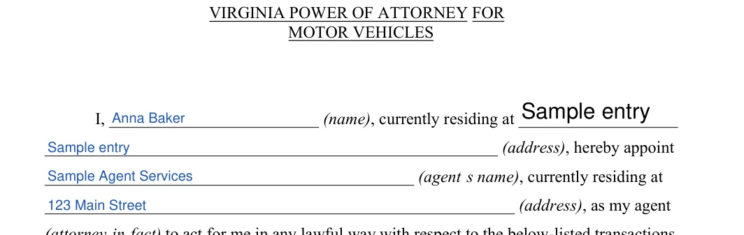 Virginia Virginia Motor Vehicle Power of Attorney: MOTOR VEHICLES, filled with sample entries
