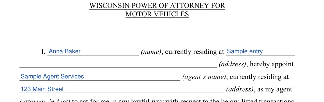 Wisconsin Wisconsin Motor Vehicle Power of Attorney: MOTOR VEHICLES, filled with sample entries