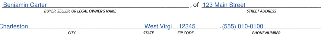 West Virginia Motor Vehicle Power of Attorney: BUYER, SELLER, OR LEGAL OWNER’S NAME, filled with sample entries