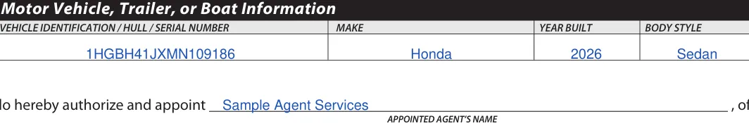 West Virginia Motor Vehicle Power of Attorney: BODY STYLE, filled with sample entries