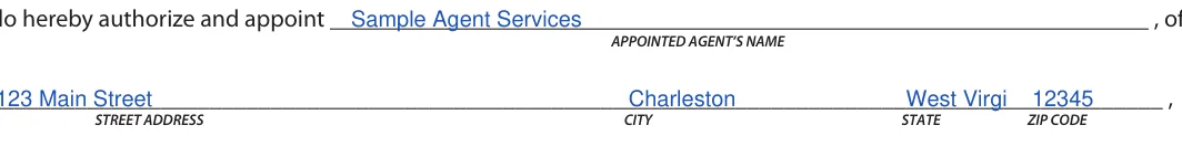 West Virginia Motor Vehicle Power of Attorney: APPOINTED AGENT’S NAME, filled with sample entries