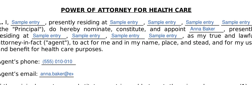 Texas medical power of attorney: POWER OF ATTORNEY FOR HEALTH CARE, filled with sample entries