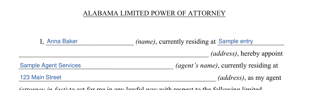 Alabama limited power of attorney: ALABAMA LIMITED POWER OF ATTORNEY, filled with sample entries