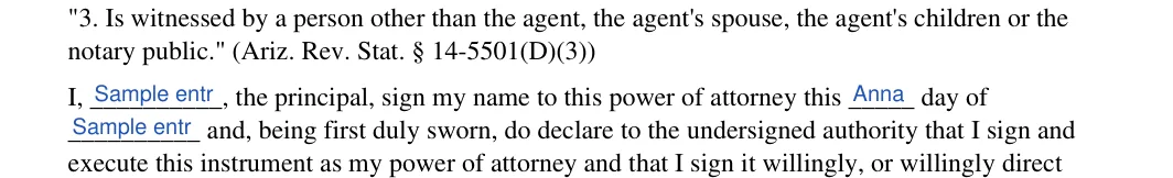 Arizona limited power of attorney: Poa execution az blocks.1.i, Poa execution az blocks.2.the principal sign my name to this power and more, filled with sample entries