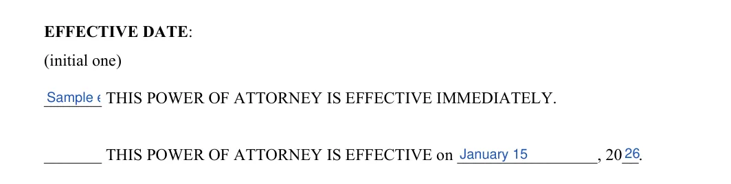 Colorado limited power of attorney: EFFECTIVE DATE, filled with sample entries