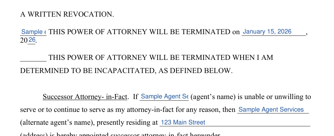 Colorado limited power of attorney: A WRITTEN REVOCATION, filled with sample entries