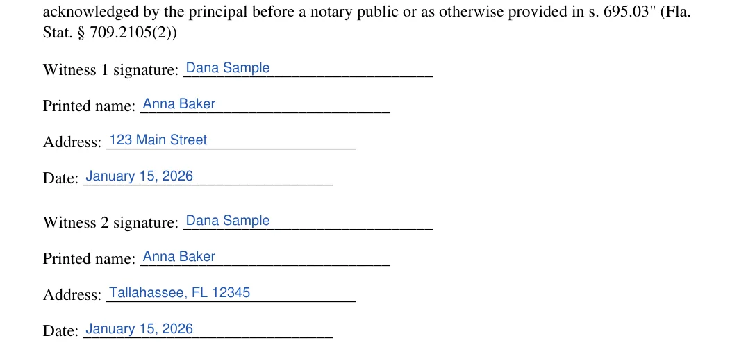 Florida general power of attorney: Poa execution fl blocks.1.witness 1 signature, Poa execution fl blocks.2.printed name and more, filled with sample entries