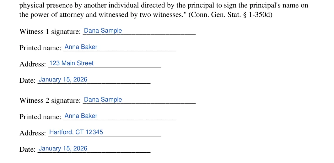 Connecticut limited power of attorney: Poa execution ct blocks.1.witness 1 signature, Poa execution ct blocks.2.printed name and more, filled with sample entries