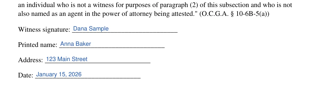 Georgia limited power of attorney: Poa execution ga blocks.1.witness signature, Poa execution ga blocks.2.printed name and more, filled with sample entries