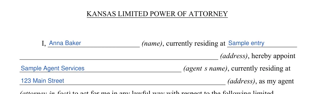Kansas limited power of attorney: KANSAS LIMITED POWER OF ATTORNEY, filled with sample entries