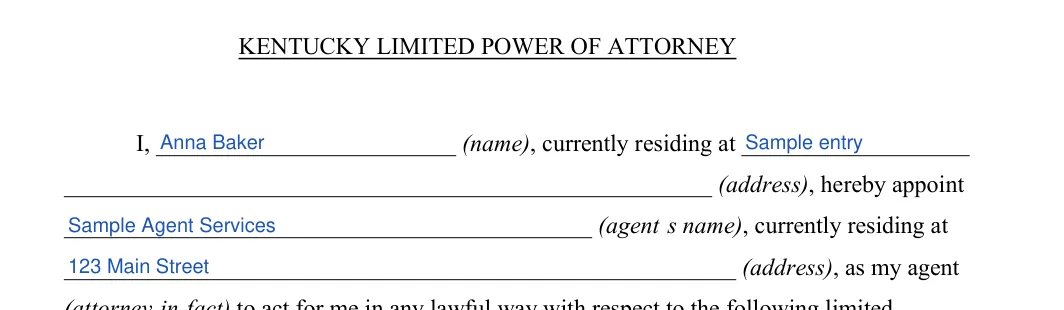 Kentucky limited power of attorney: KENTUCKY LIMITED POWER OF ATTORNEY, filled with sample entries